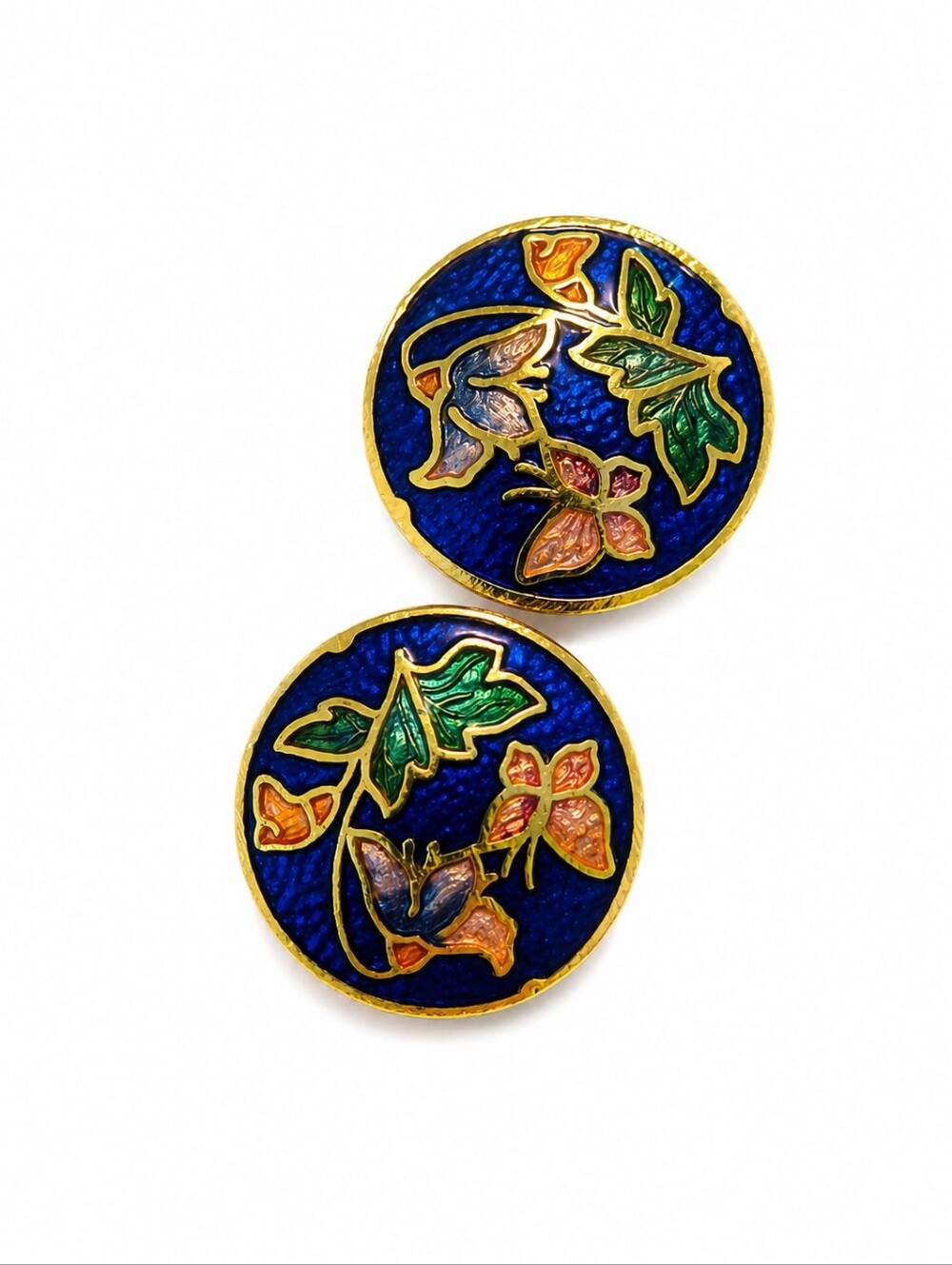 Blue Floral Enamel Cloisonne Round Post Earrings - Picture 2 of 4